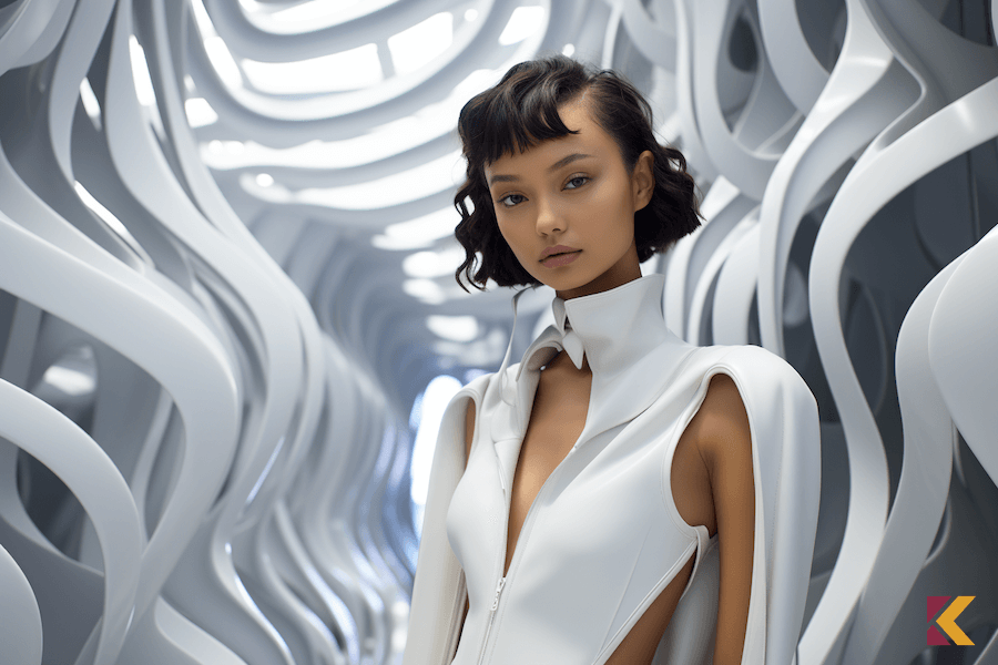 Kobieta w futurystycznej, alabastrowej sukience