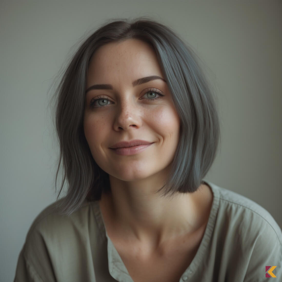 Kobieta w krótkie, prostych włosach w odcieniu grafitowym