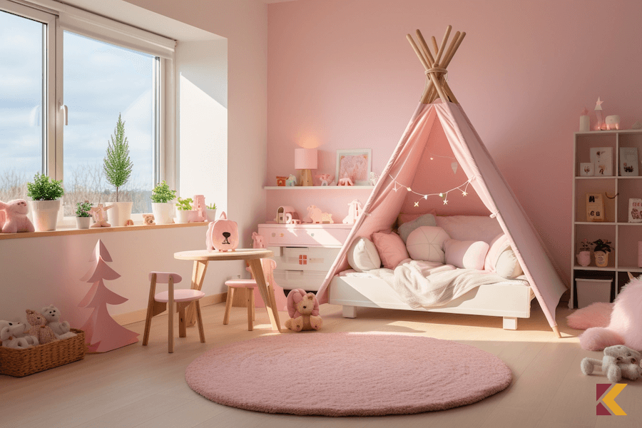 Pokój dziecięcy w stylu skandynawskim z różowymi ścianami