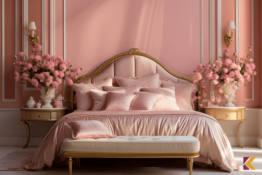 Sypialnia, różowe ściany, biały akcenty, złocone meble