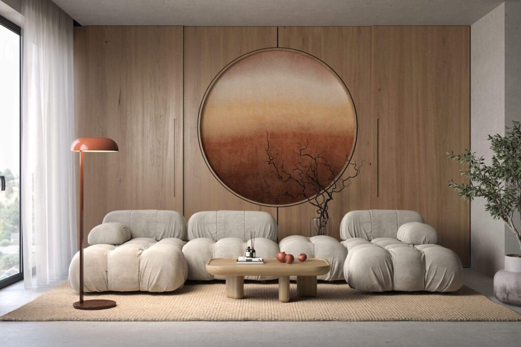 salon w stylu japandi, obłe kształty, minimalistyczny design