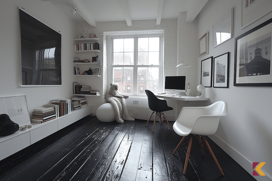 Domowa pracownia w stylu minimalistycznym, czarna podłoga, białe ściany i meble