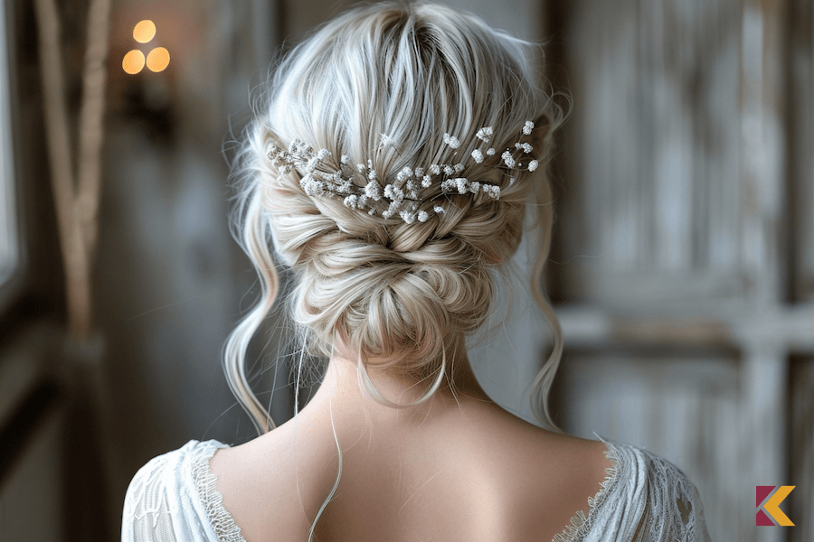 Fryzura weselna, nisko upięty kok na włosach platynowy blond, białe kwiaty nad kokiem
