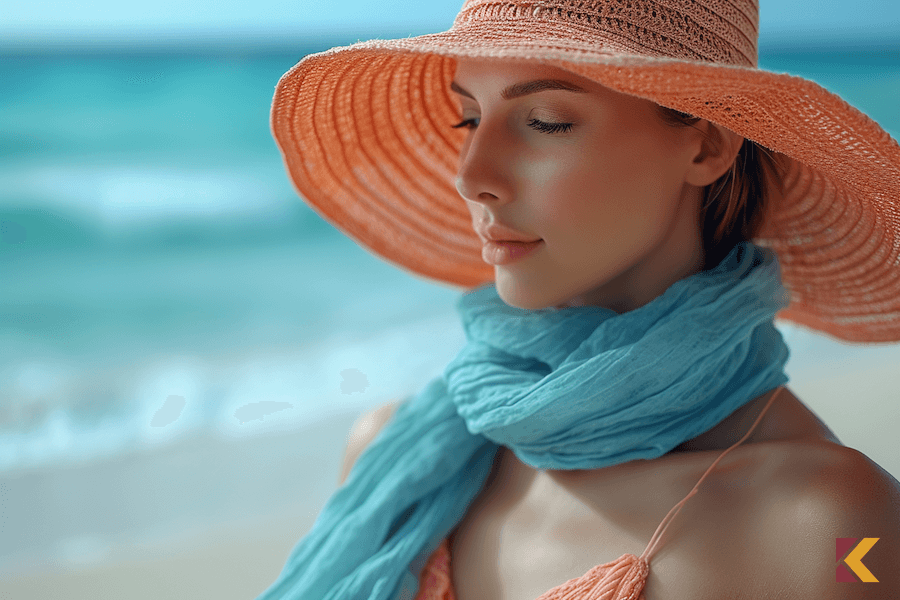 Kobieta na plaży w koralowym kapeluszu i błękitnej apaszce