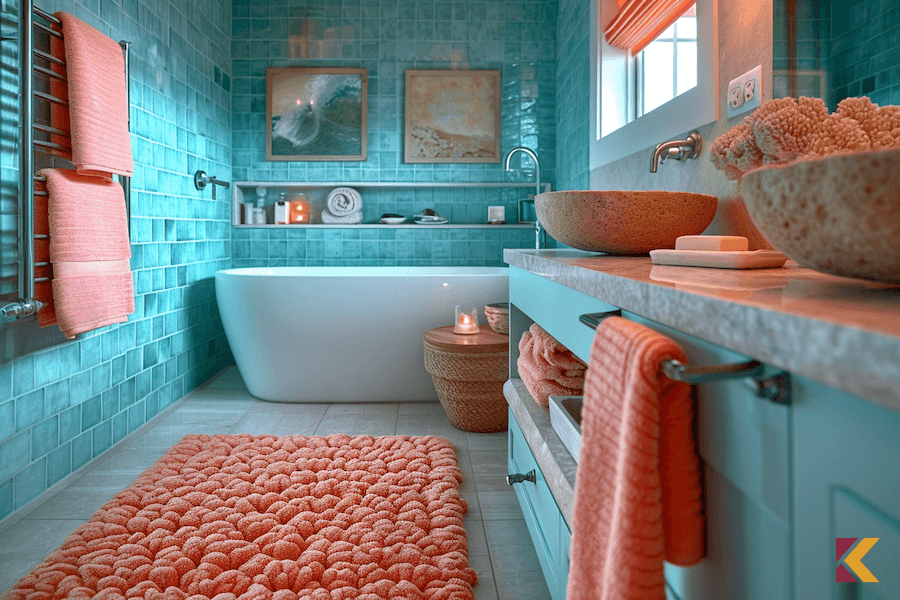 Łazienka z białą wolnostojącą wanną, turkusowymi płytkami na ścianach, ręczniki i dywan w kolorze koralowym