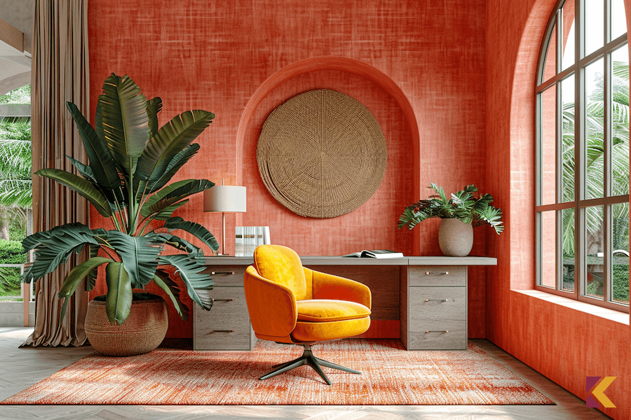 Orientalny pokój biurowy, drapowane, koralowe ściany, duży egzotyczny kwiat w donicy, szare biurko, krzesło w odcieniach pomarańczowego