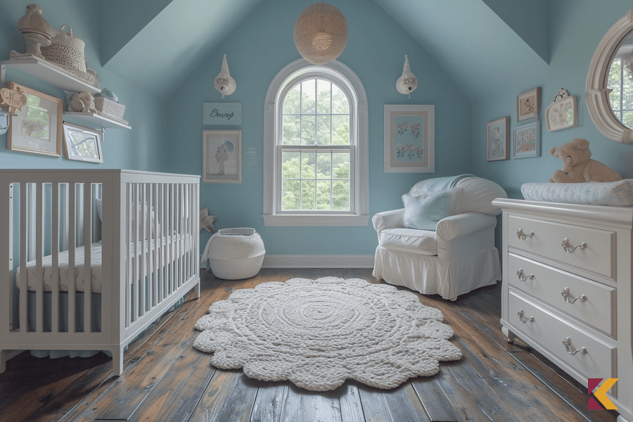 Pokój dziecięcy, ciemna drewniana podłoga, błękitne ściany