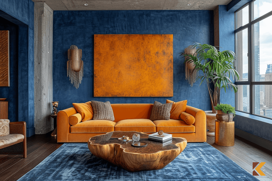 Salon z ciemnobrązową podłogą, niebieska ściana, pomarańczowe dodatki
