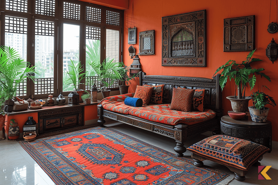 Salon etno, ciemnobrązowe meble, pomarańczowa ściana