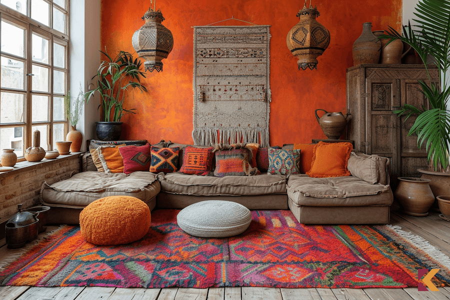 Salon etno, jasnobrązowe meble, główna ściana w pomarańczowych odcieniach, białe ściany boczne