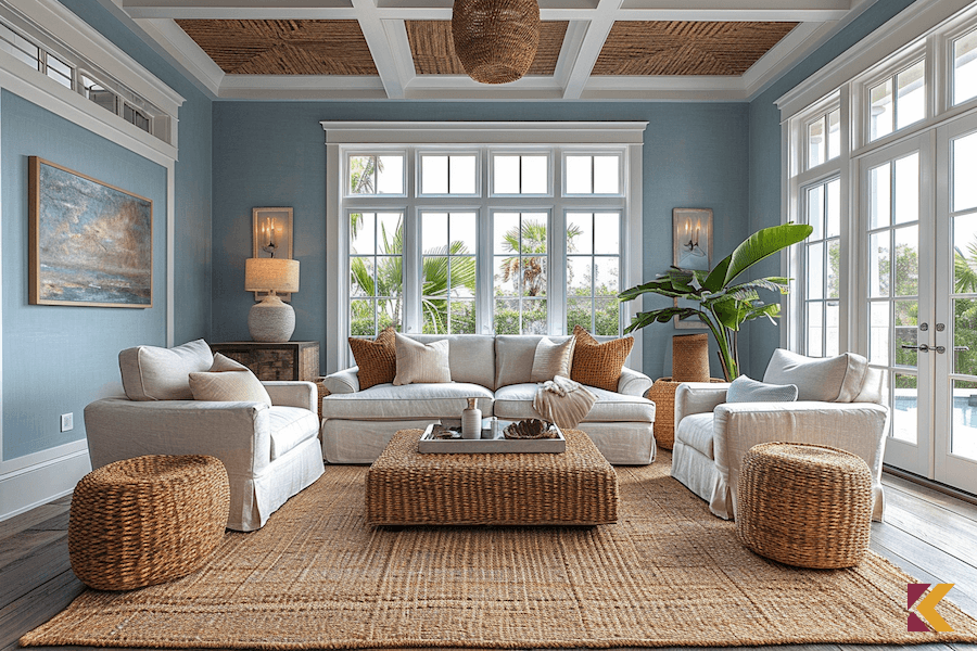Salon w stylu Hamptons z brązowymi meblami i błękitno-białymi ścianami 