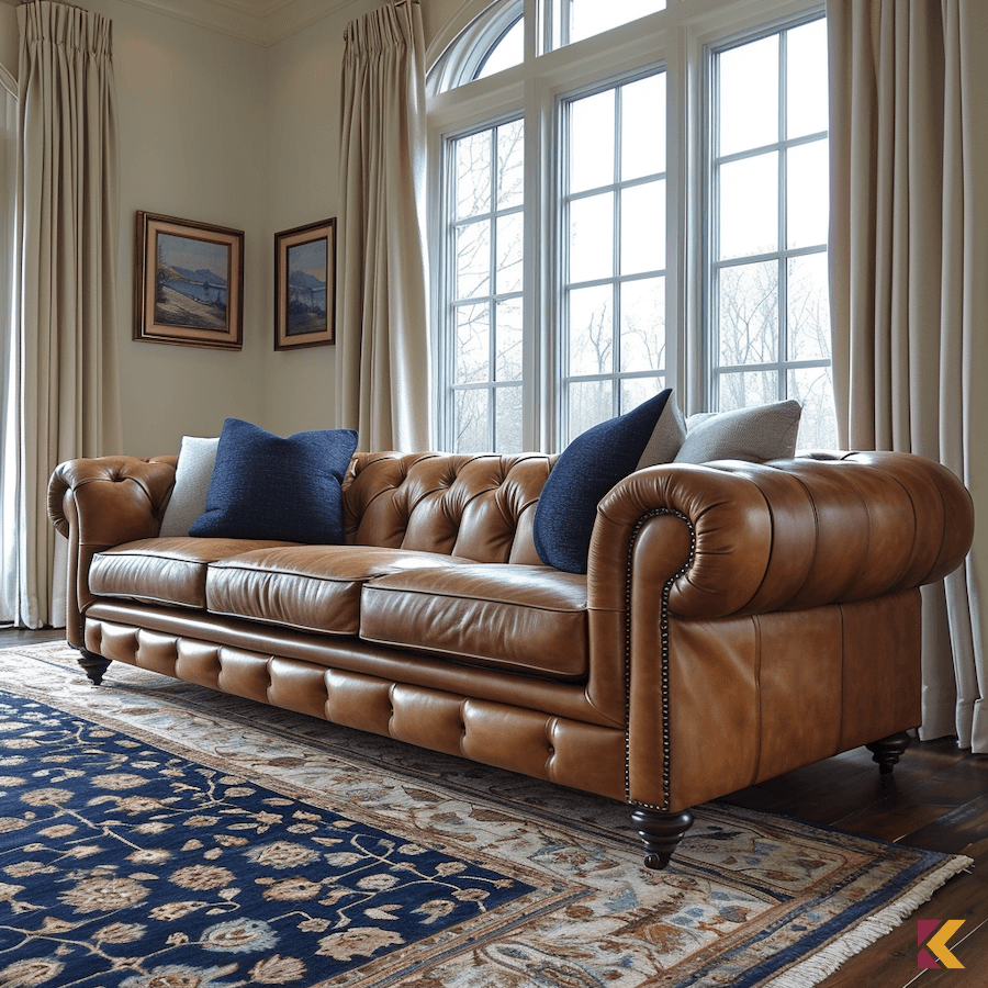 Salon klasyczny z brązową sofą, kremowymi ścianami i granatowymi dodatkami