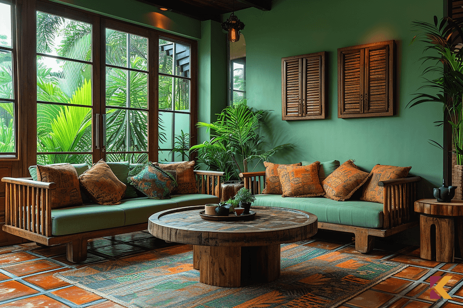 Salon w stylu wiejskim, drewniane meble, szmaragdowa ściana