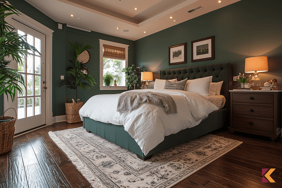 Sypialnia, ciemna podłoga, łóżko i ściany w kolorze butelkowa zieleń, białe dodatki