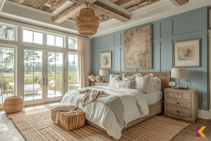 Sypialnia Hamptons z jasnobrązowymi meblami i błękitnymi ścianami