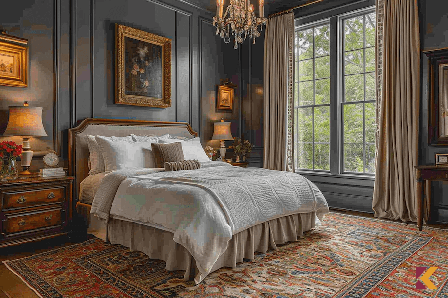 Sypialnia klasyczna z brązowymi meblami i szarymi ścianami