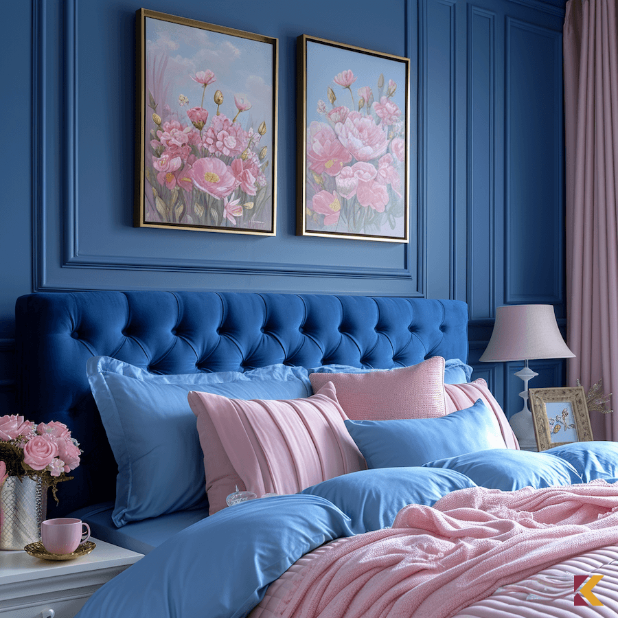 Sypialnia w kolorystyce: chabrowy, błękit i pudrowy róż