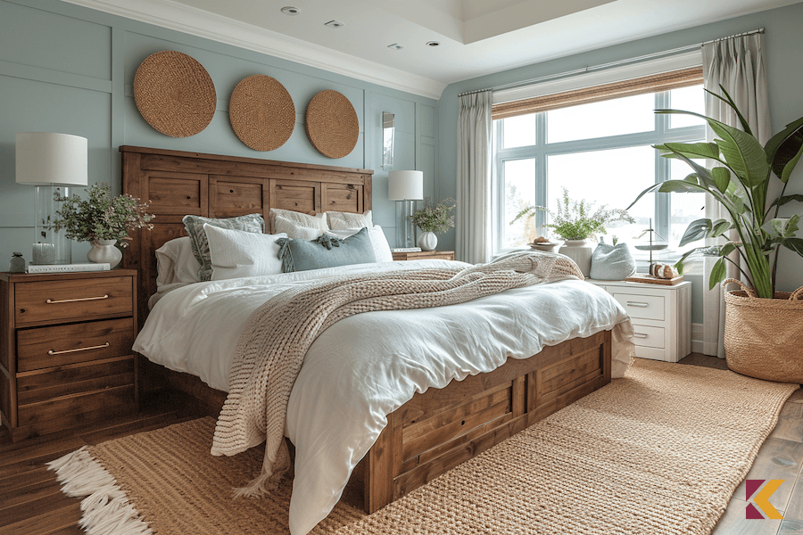 Sypialnia w stylu marinistycznym, ciemno brązowe meble, błękitne ściany, białe dodatki