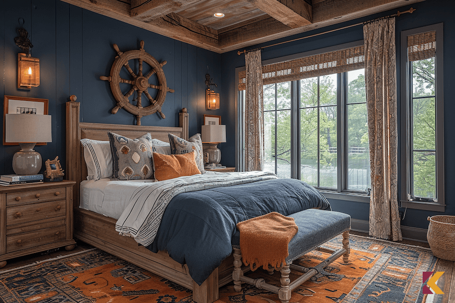 Sypialnia w stylu marinistycznym, drewniane, brązowe meble i sufit, granatowa ściana, białe i pomarańczowe dodatki