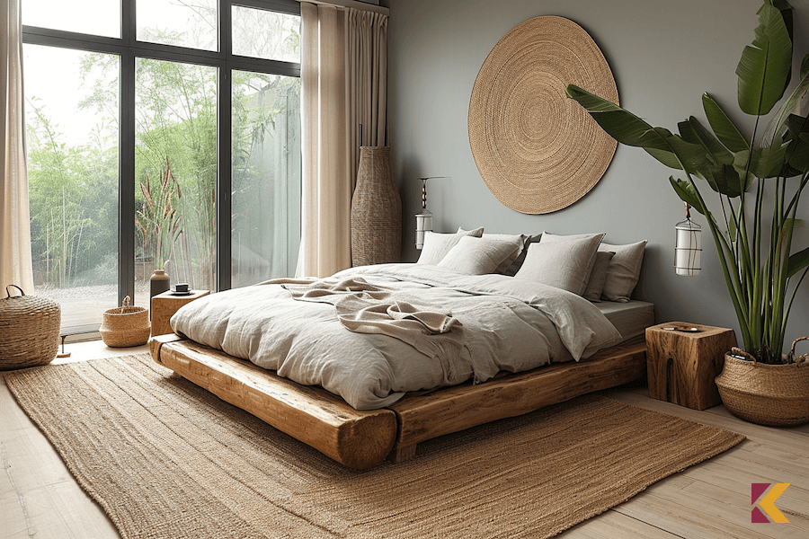 Sypialnia minimialistyczna, drewniane, brązowe łóżku, szara ściana, duże okno