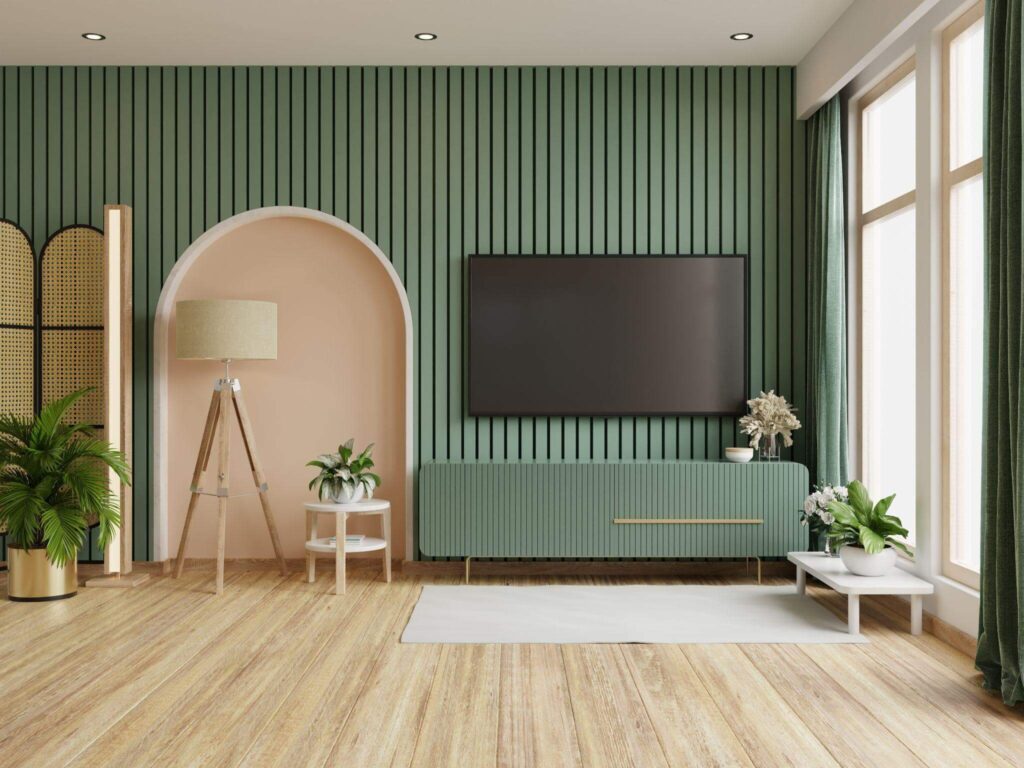 nowoczesny wygląd salonu, zieleń we wnętrzu