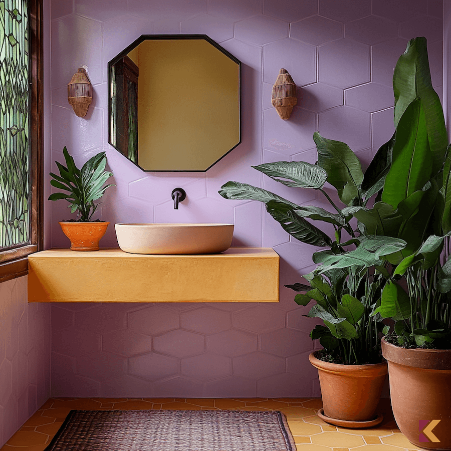 Łazienka z liliowymi płytkami, minimalistyczna umywalka, geometryczne lustro, duże rośliny w donicach