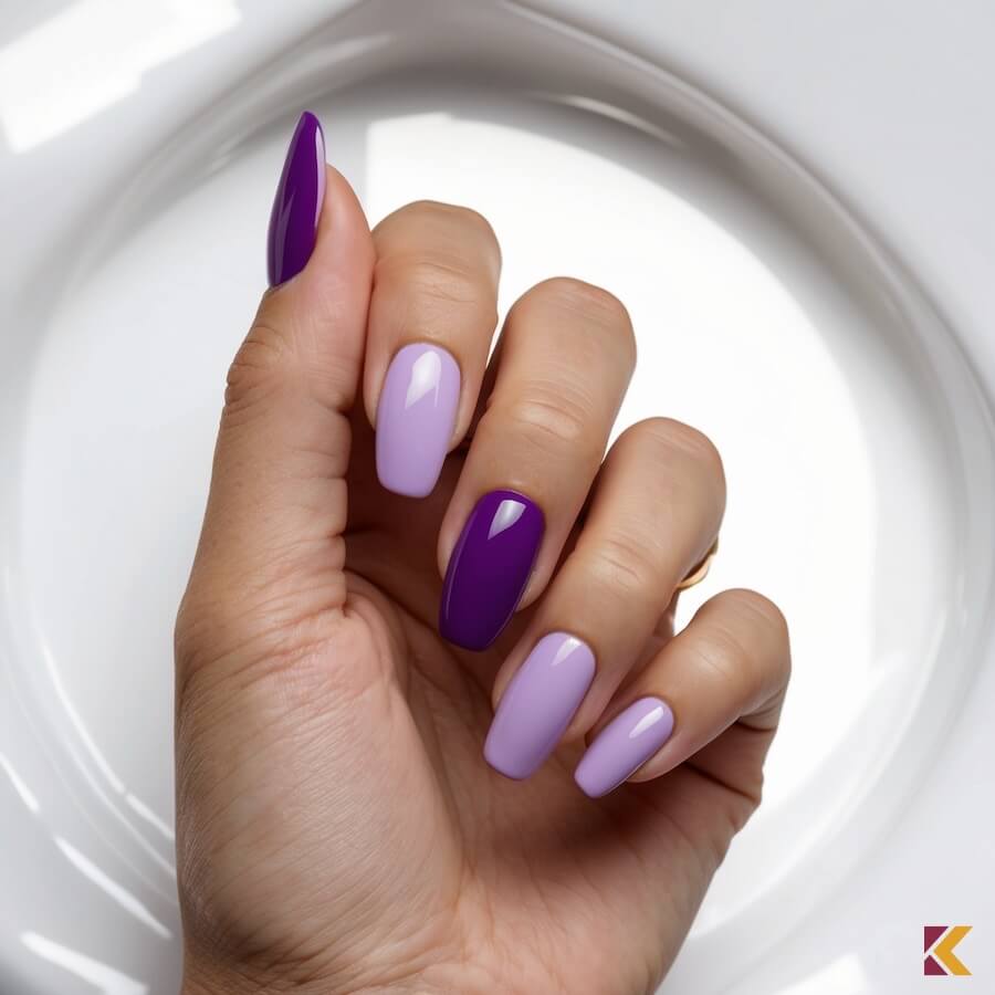 Paznokcie w kolorach liliowy i purpurowy