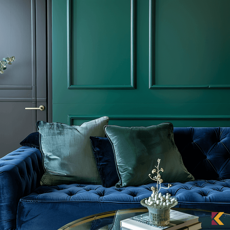 Salon, granatowa sofa glamour na tle szmaragdowej ściany