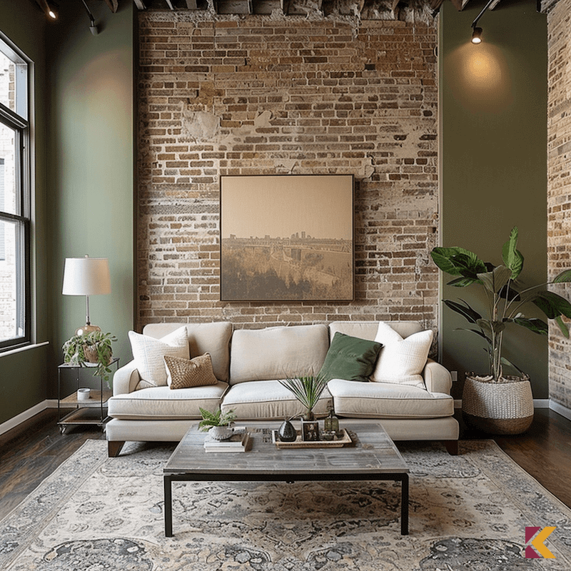 Ściana w salon częściowo z cegły, częściowo pomalowana w kolorze khaki, jasnobeżowa kanapa