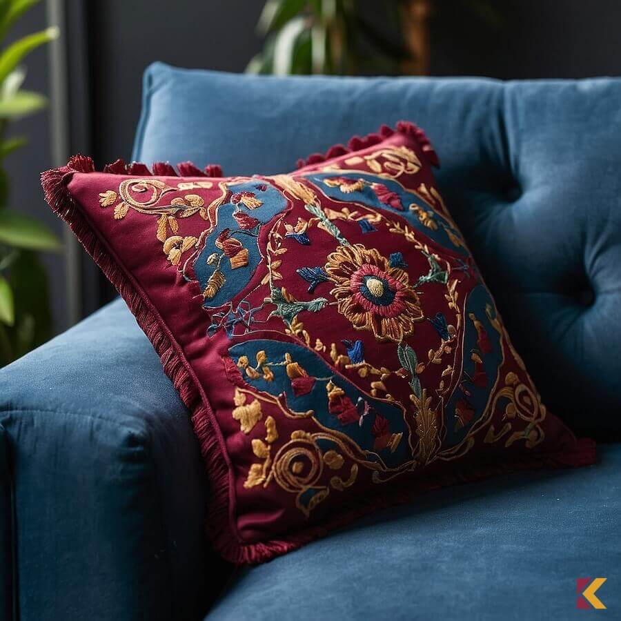 Burgundowa wzorzysta poduszka na kobaltowej sofie
