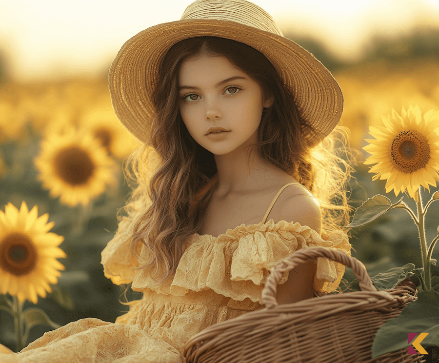 Dziewczynka w słomkowej sukience na polu słoneczników