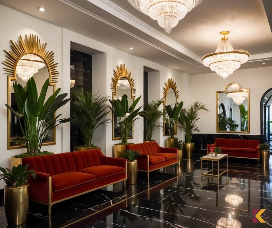 Hol glamour w hotelu, sofy cynober