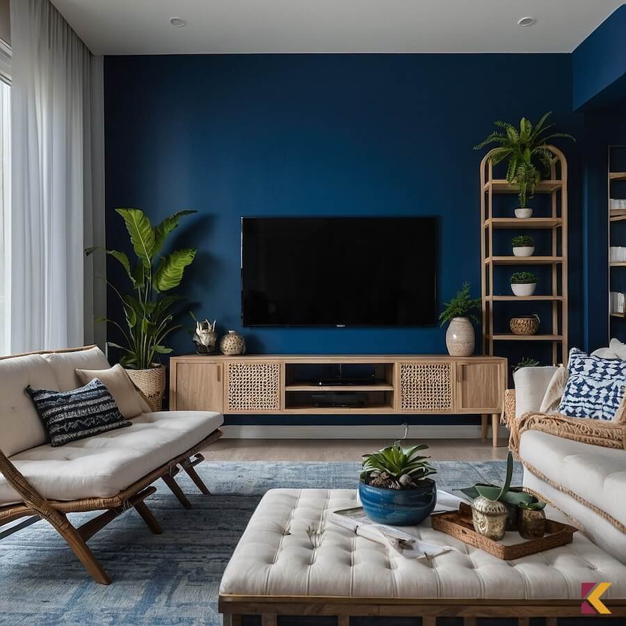 Kobaltowe ściany w salonie scandi