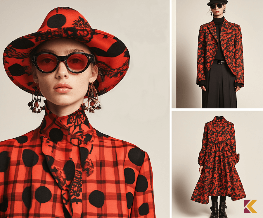 Kolaż 3 zdjęć, stylizacje damskie w kolorach cynober i czarny