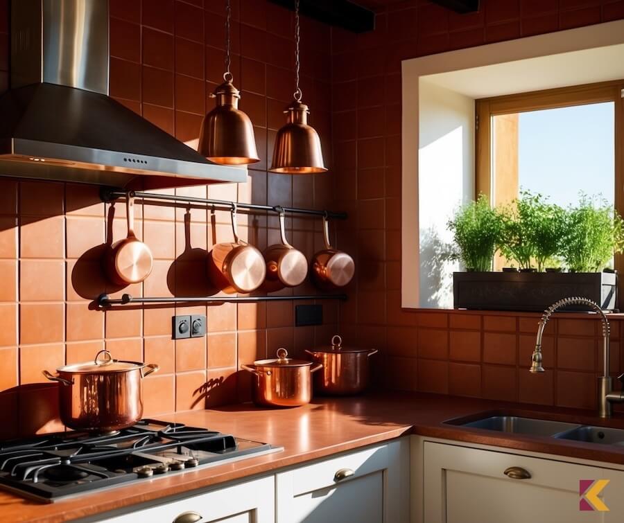 Kuchnia, płytki cynober na ścianie