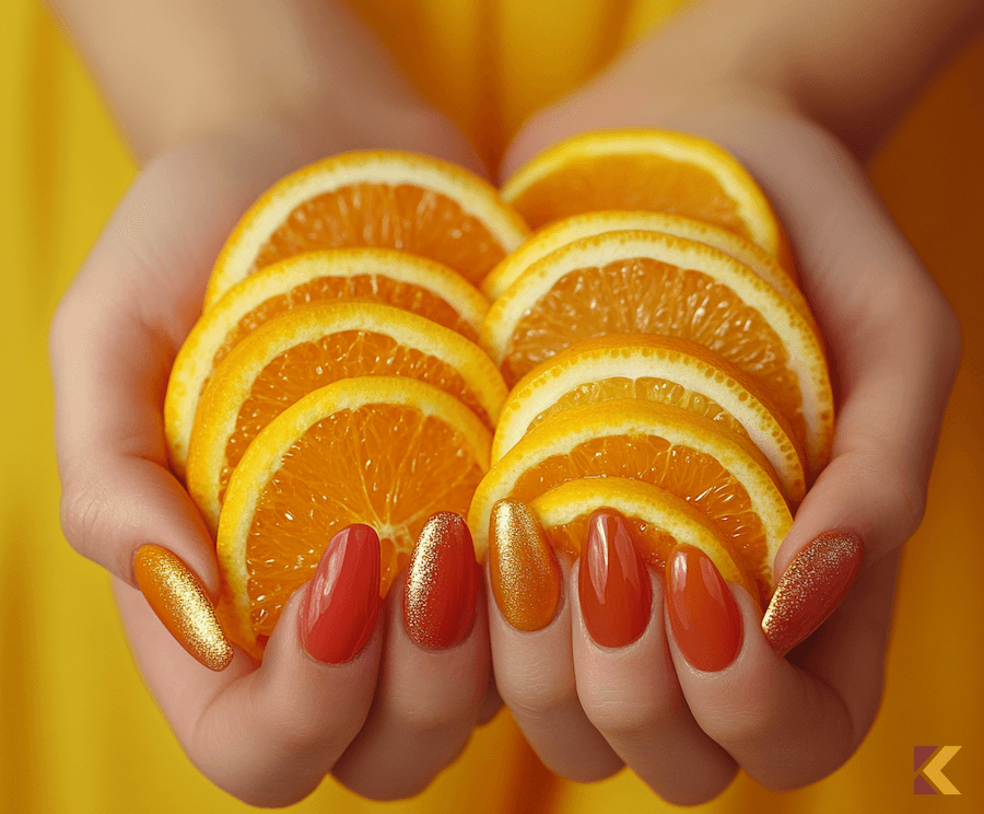 Manicure w odcieniach cynober i pomarańczowego