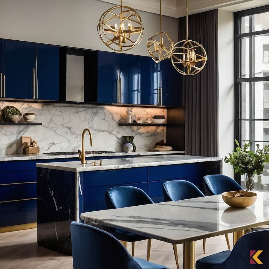 Nowoczesna kuchnia, kobaltowe fronty