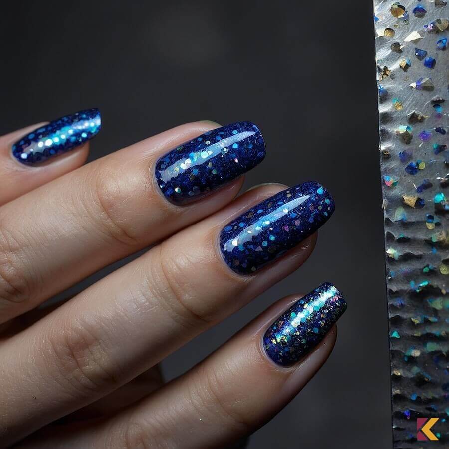Paznokcie kobaltowe z brokatowymi drobinkami