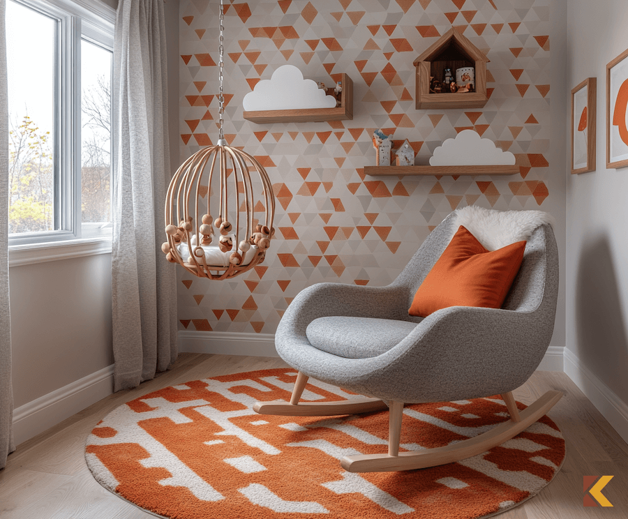 Pokój do karmienia dziecka, szarości i dodatkowi w kolorze cynober