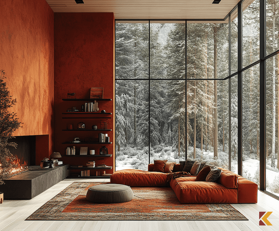 Salon, ściany i niskie sofy cynobrowe, duże przeszklenia