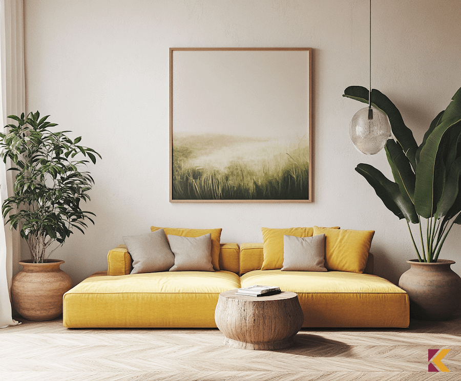 Słomkowa kanapa, beżowe poduszki i dodatki w salonie