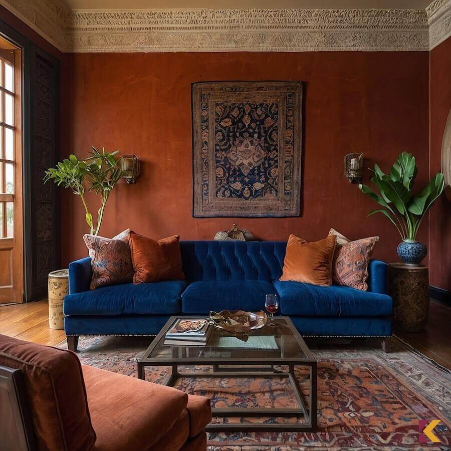 Kobaltowa sofa w salonie w stylu elektycznym 