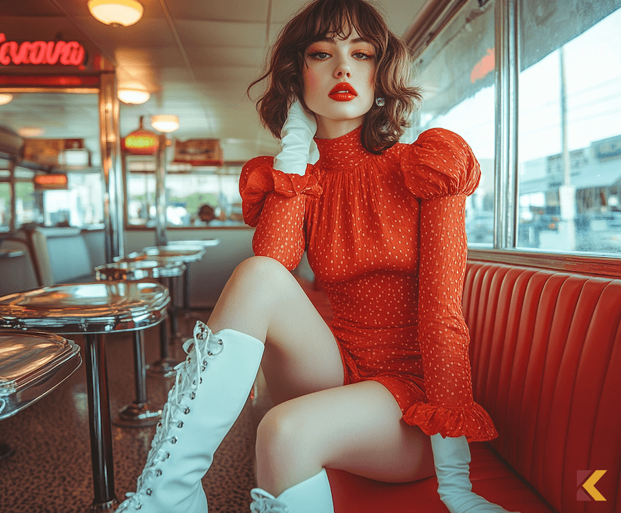 Sukienka pin-up girl w kolorze cynober, białe rękawiczki i wysokie buty