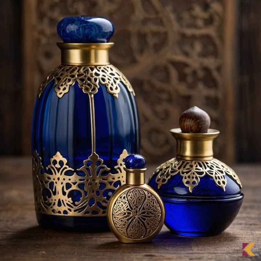 Złoto-kobaltowe flakony perfum bogato zdobione