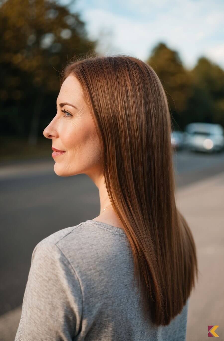 Kasztanowe włosy w słońcu, zdjęcie z profilu
