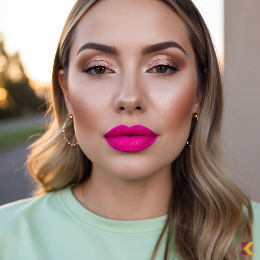 Kobieta z ustami pomalowanymi szminką w odcieniu biskupim