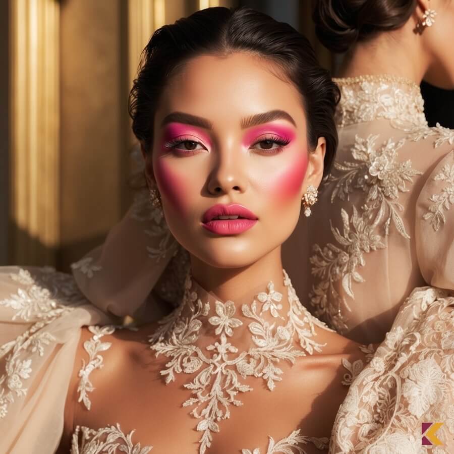 Kobieta, karminowe usta, biskupi makijaż oczu i kości policzkowych