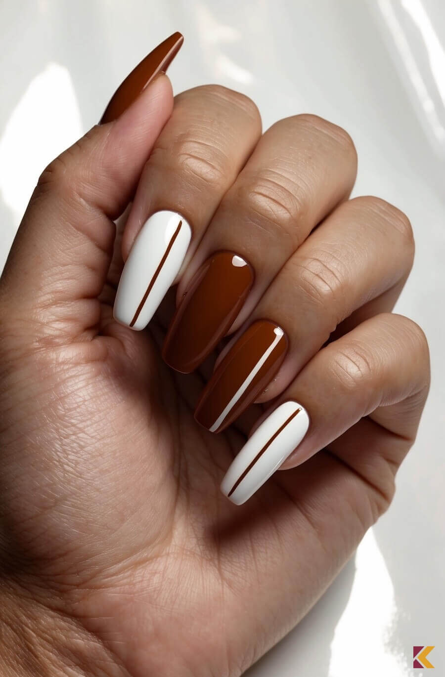 Minimalistyczna, kasztanowo-białe paznokcie