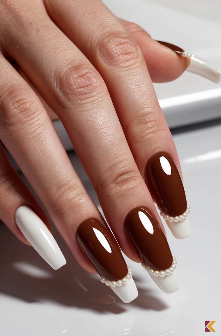 Paznokcie, kasztanowa baza z białym dodatkami i perełkami