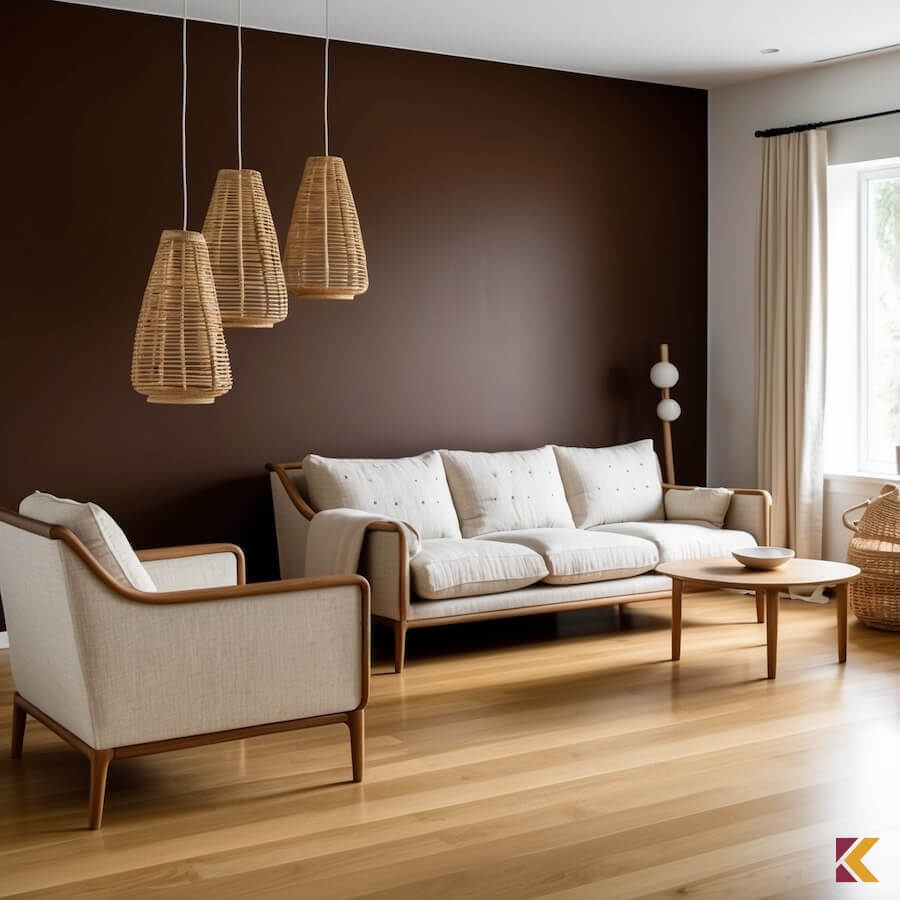 Salon w stylu skandynawski, białe meble, kasztanowa ściana